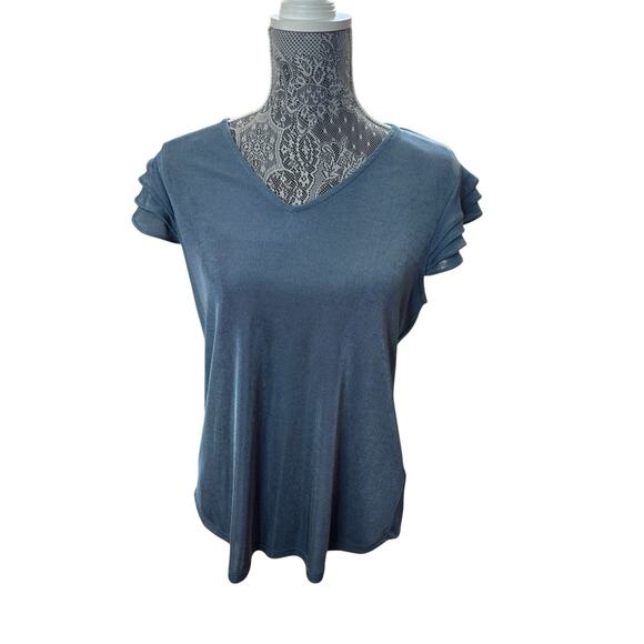 Adrianna Papell Womens Blouse Size M Blue Flutter Wing Ruffle Layer Short Sleeve - Picture 1 of 3